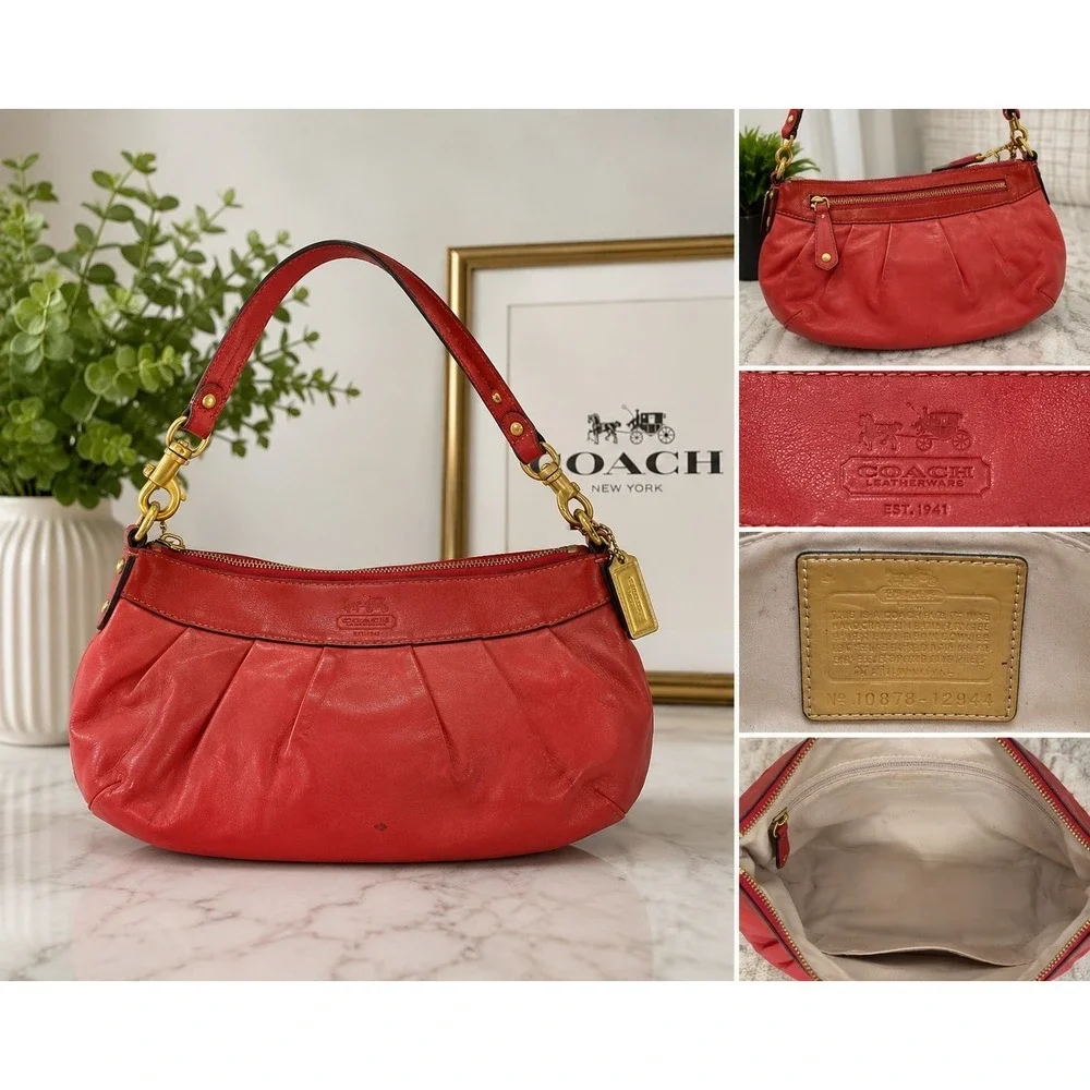 Coach Madison 12944 Coral Red Pleated Leather Hobo Shoulder Bag Purse Brass...